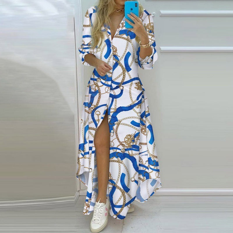Elegancka, jednorzędowa sukienka koszulowa z rozcięciem i nadrukiem